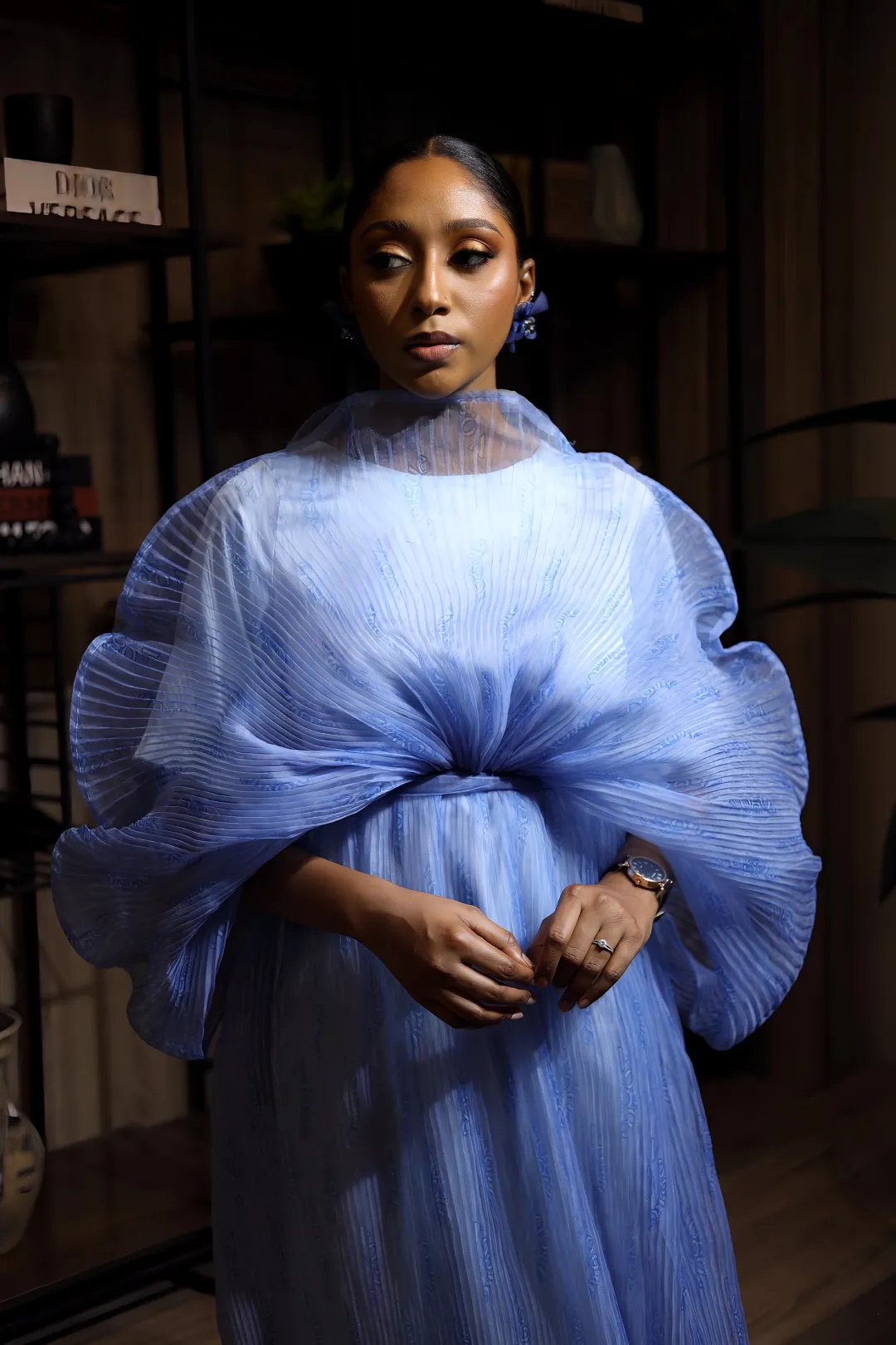 Sky blue pleated maxi dress side view by Kandé