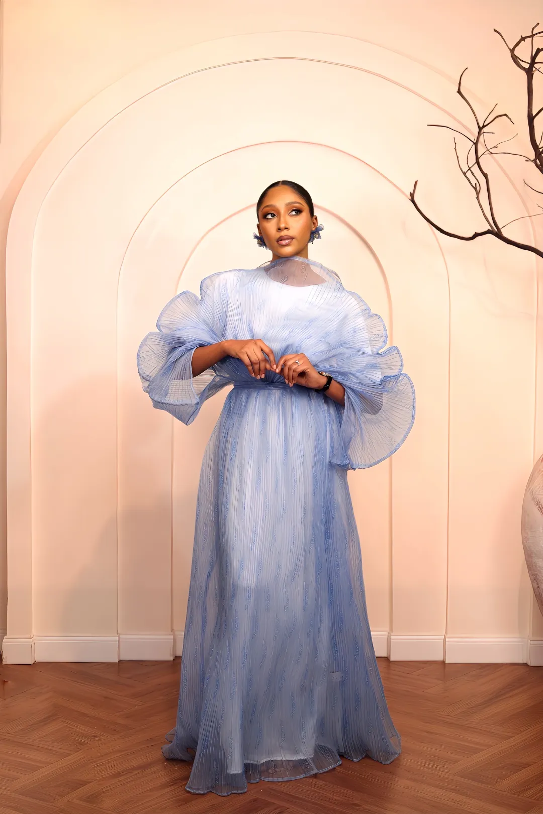 Sky blue pleated maxi dress detail by Kandé